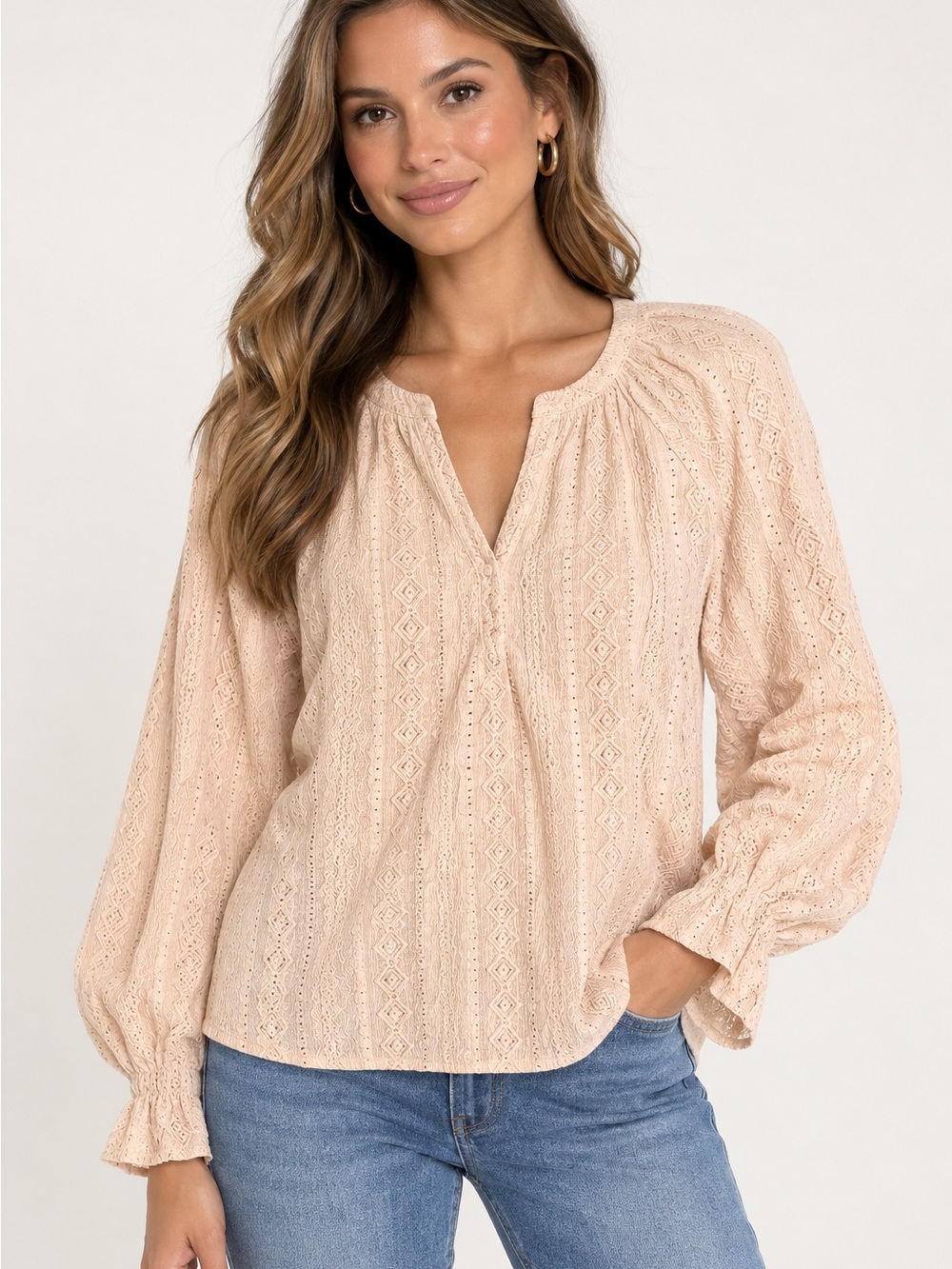 Frye Peach Eyelet Split-Neck Long-Sleeve Top